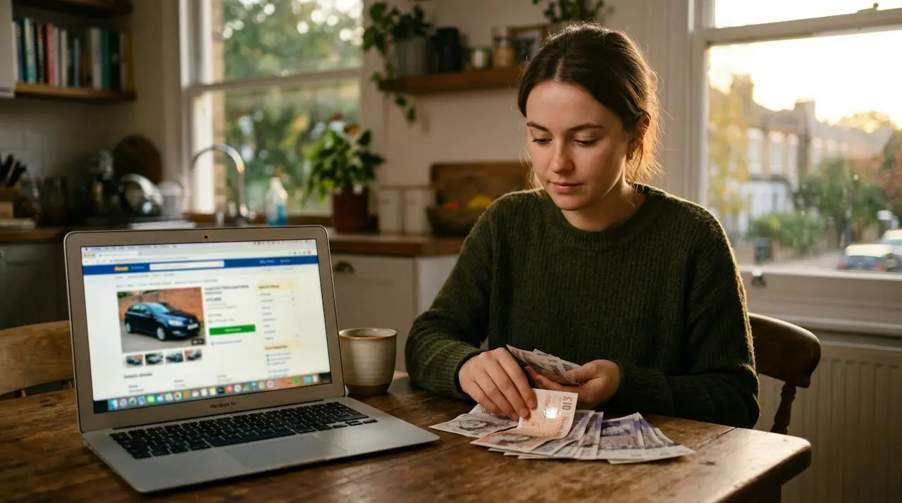 Young first-time buyer counting banknotes at a kitchen table with a car listing on a laptop