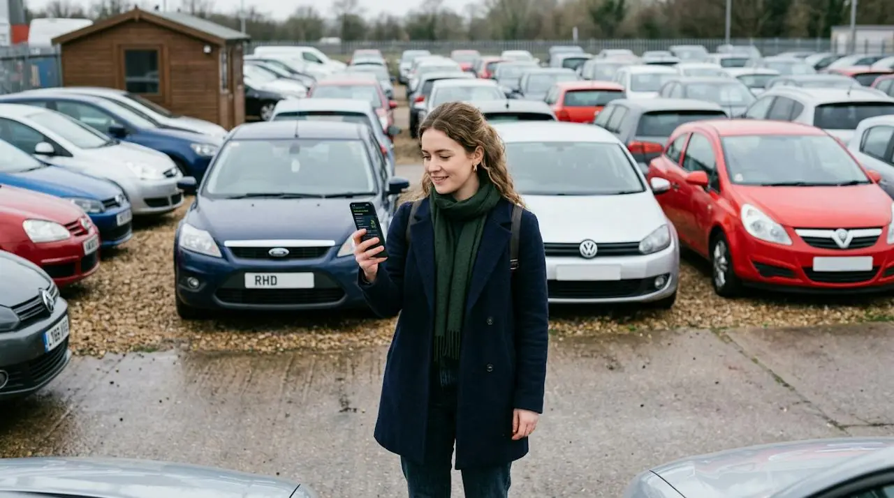 Woman on a used car forecourt comparing vehicle check results on her smartphone