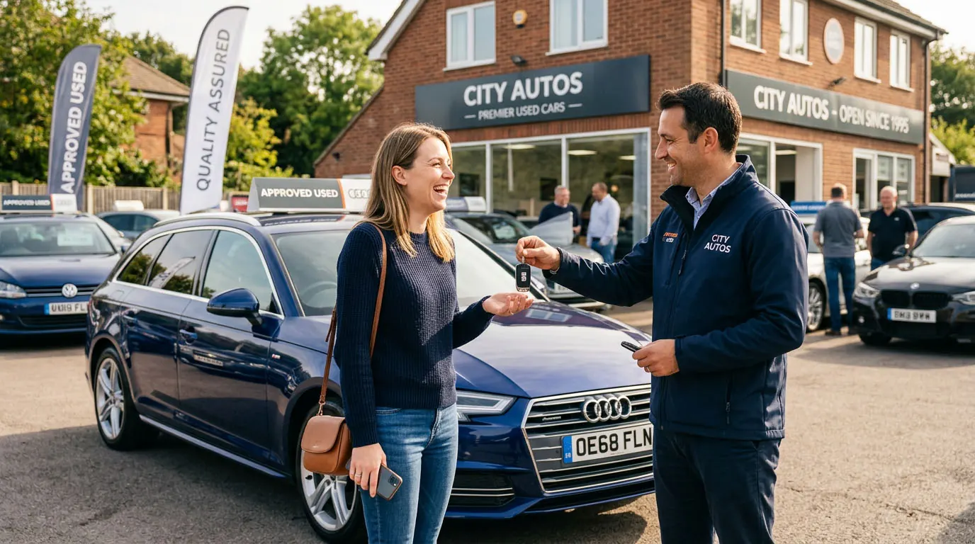 Happy buyer collecting the keys to a used car from a dealer