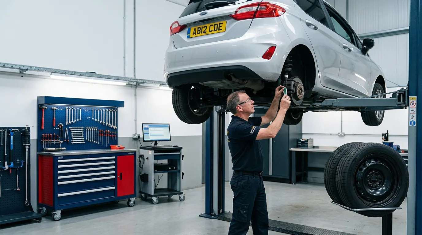 Mechanic inspecting a silver hatchback raised on a ramp in a garage