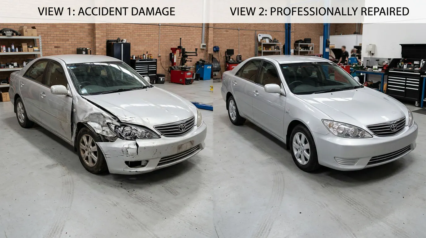 Silver car shown with accident damage and again after professional repair