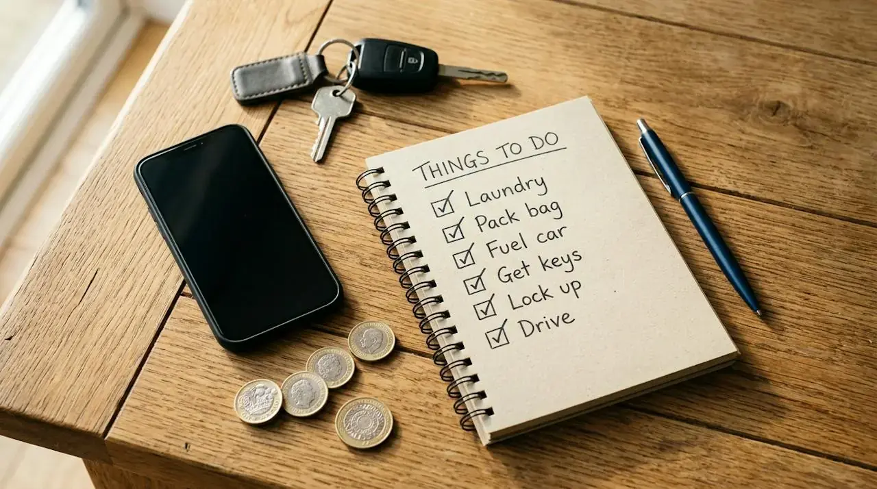 Car keys, pound coins, a smartphone and a checklist notepad on a wooden table