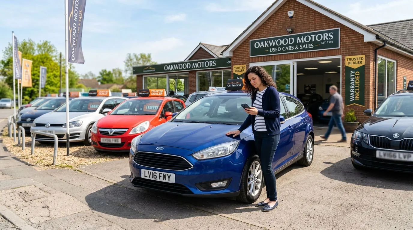 Woman checking HPI on her phone beside a blue hatchback at a used car dealer
