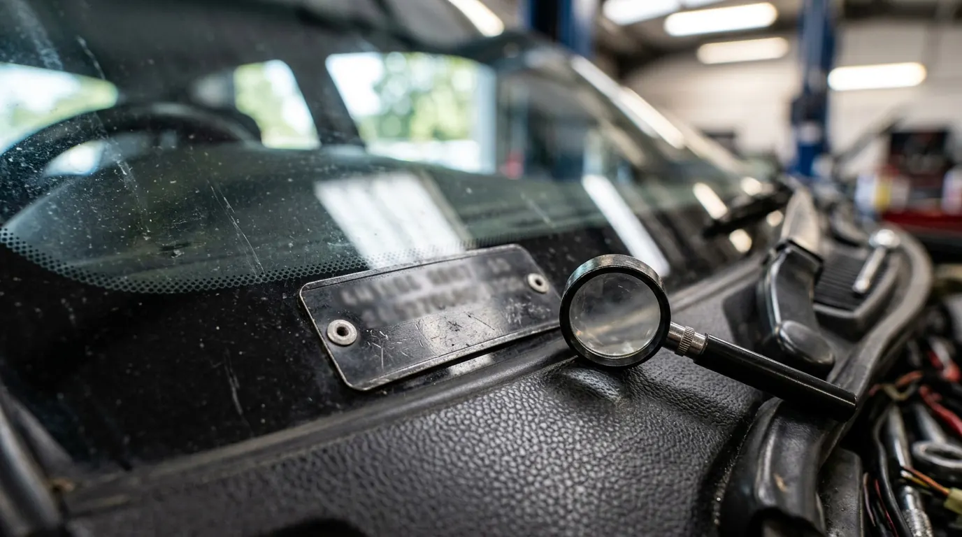 Magnifying glass over a car VIN plate during a stolen vehicle check