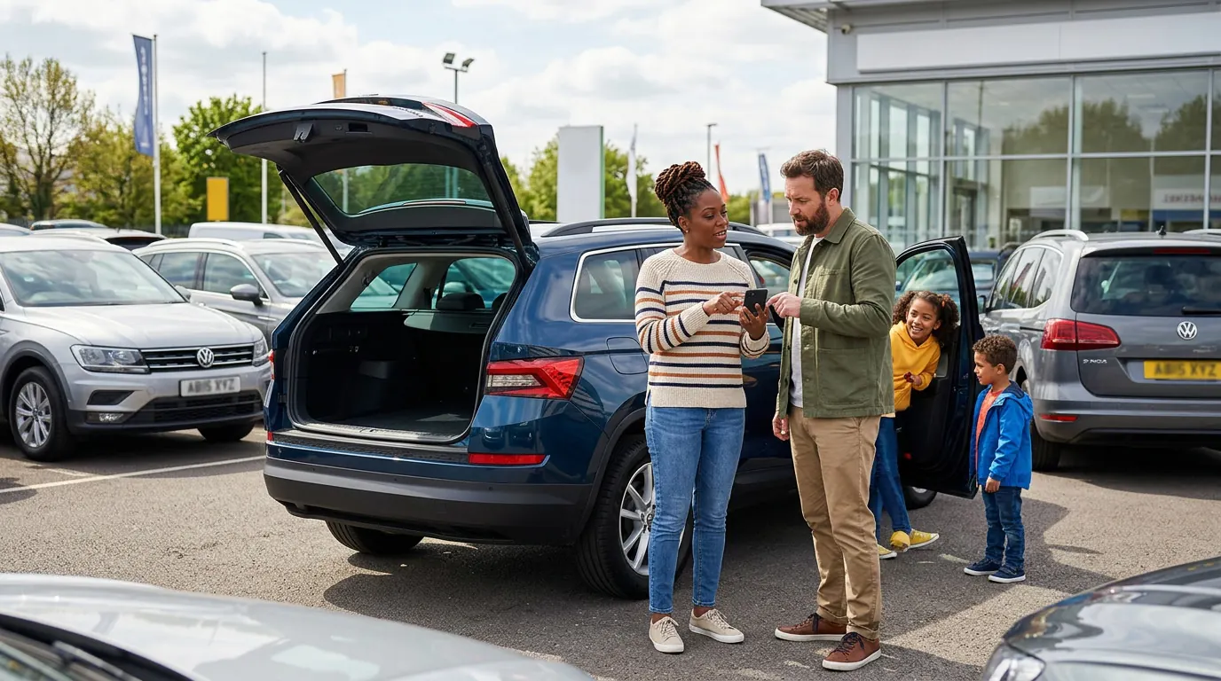 Family checking a used car's history on a phone at a car dealership