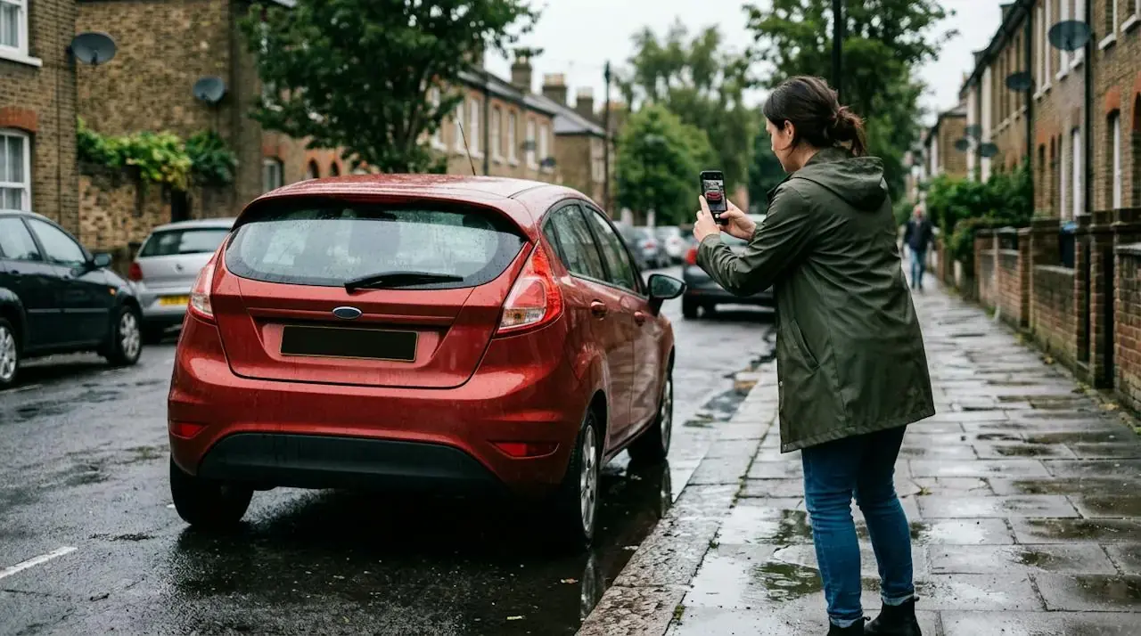 Person photographing the rear of a red hatchback on a rainy British street with a smartphone