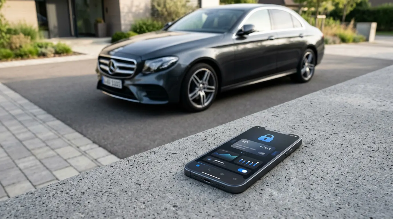 Phone showing a free car check in front of a parked dark grey saloon