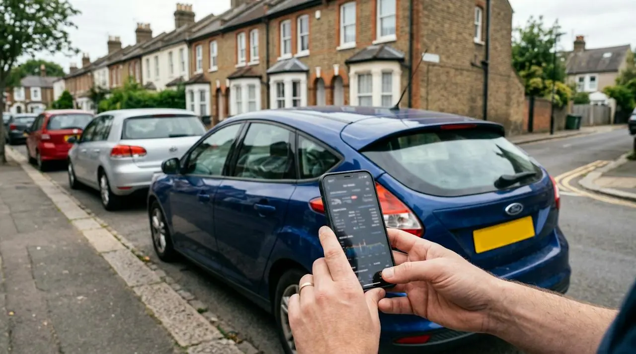Hands holding a smartphone with a car details screen beside a used car on a terraced British street