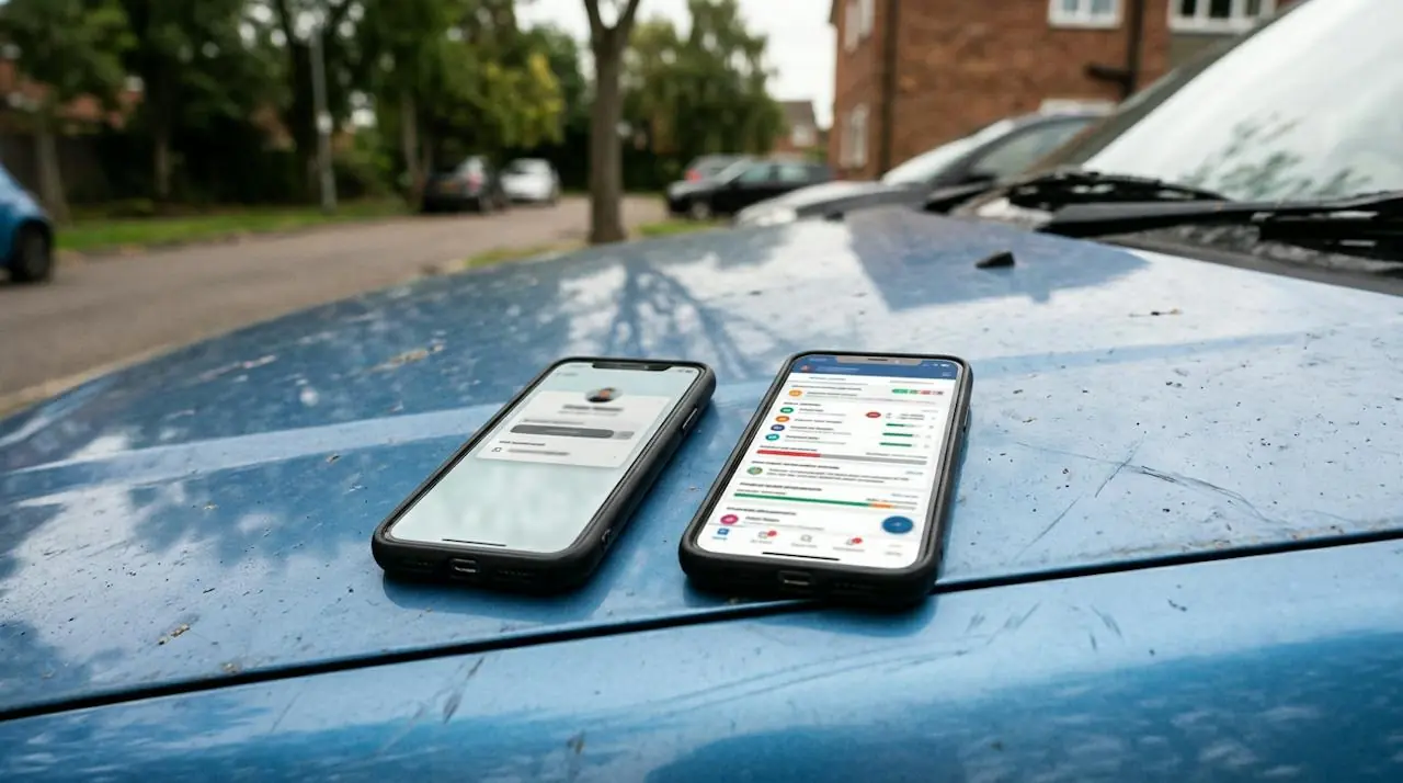 Two smartphones on a car bonnet, one showing a short report and one showing a long detailed report