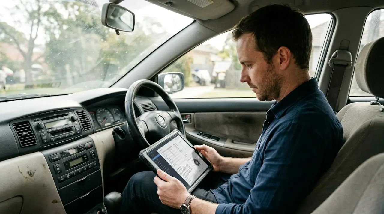 Man in the driver's seat of a used car reviewing a detailed report on a tablet