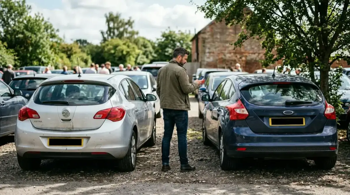 Two similar used family cars in a car park with a thoughtful buyer standing between them