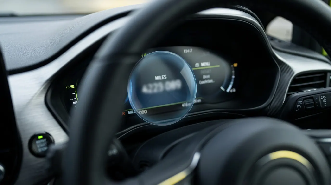 Close-up of a car dashboard odometer showing the recorded mileage