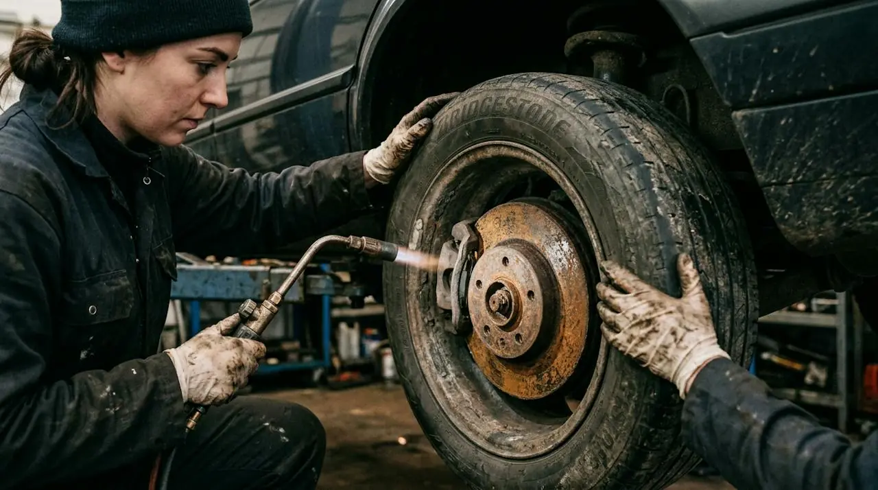 Mechanic shining a torch on a worn tyre and rusty brake disc in a UK garage