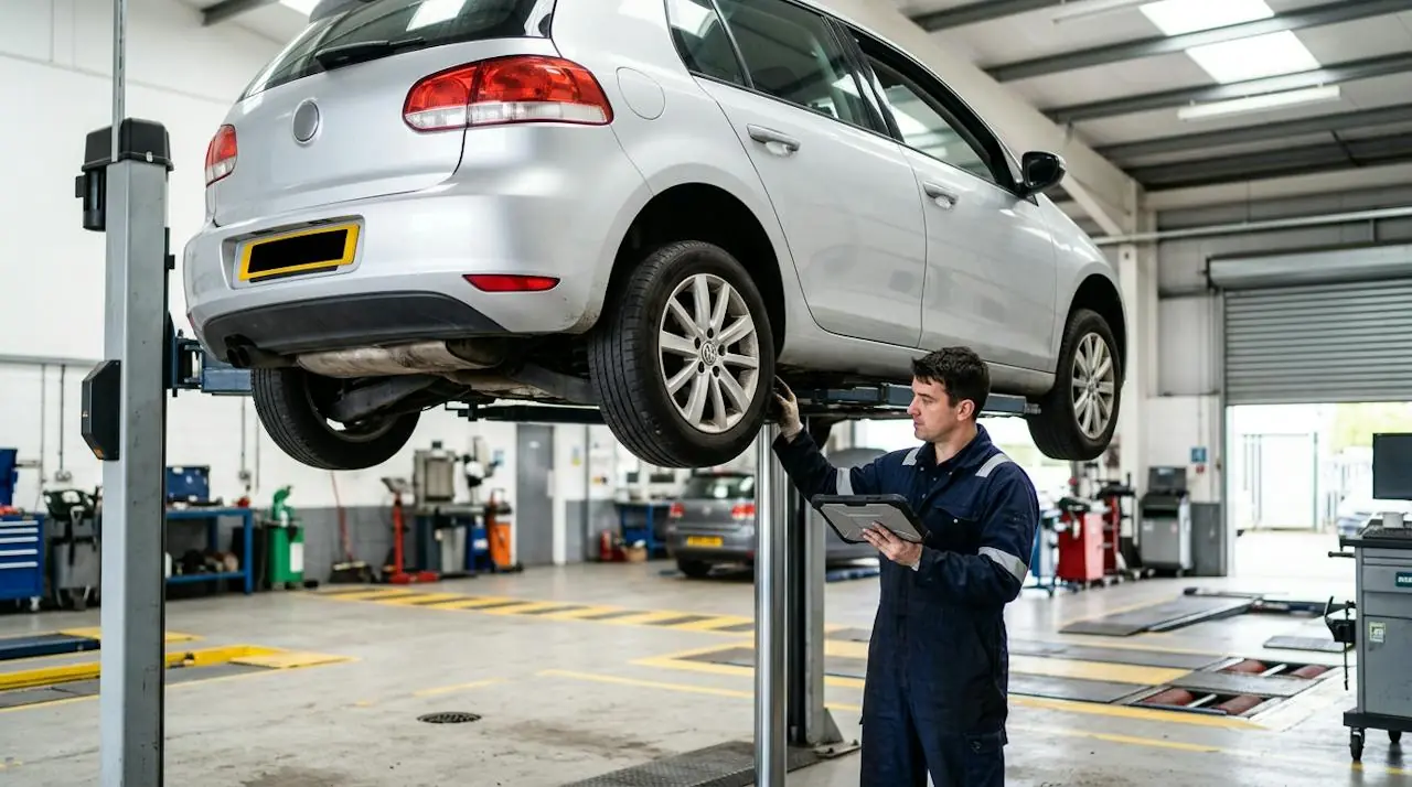 MOT tester in overalls with a tablet inspecting a silver car raised on a lift