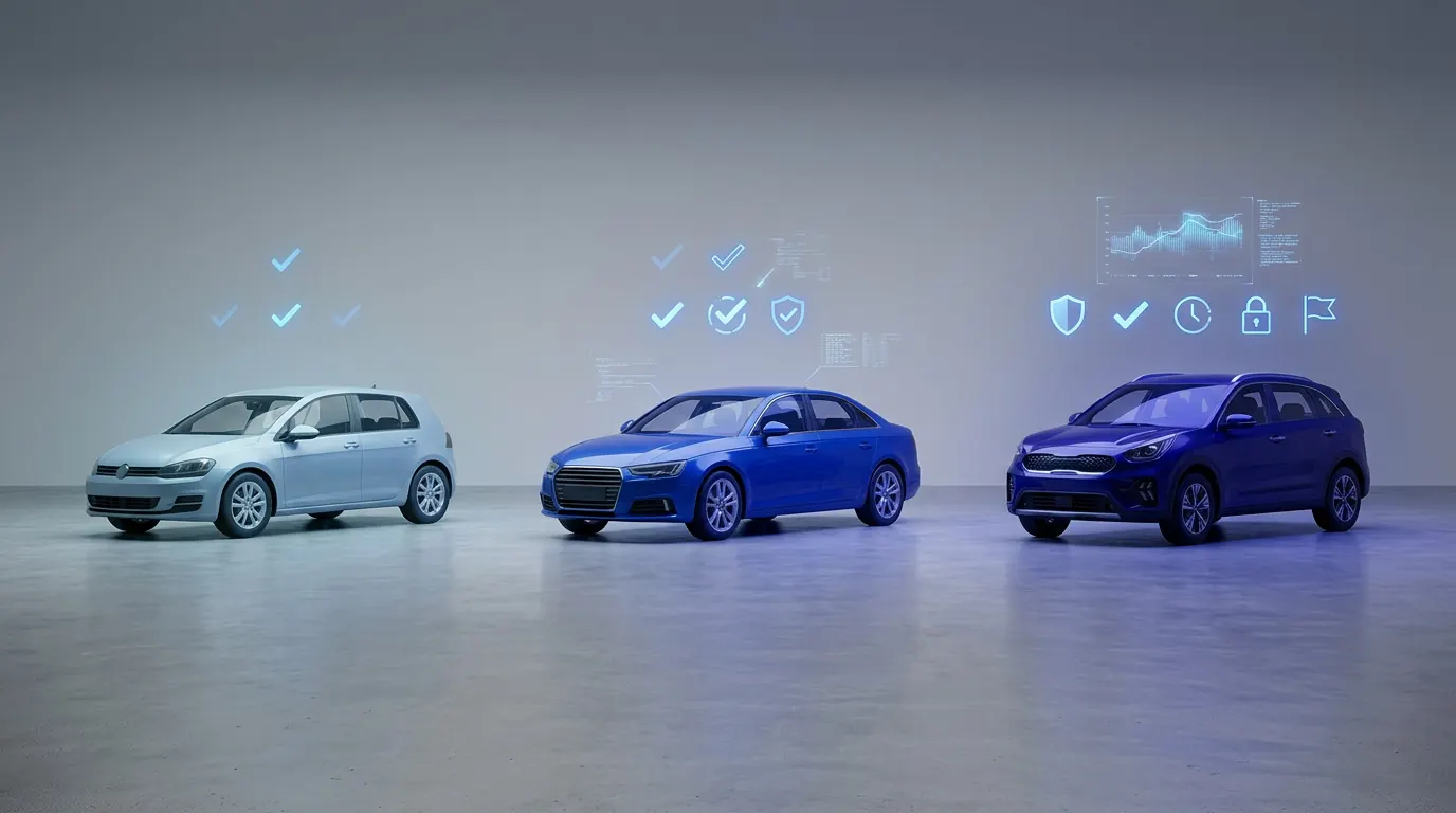 Three cars in a row with check marks above them, representing a car history check