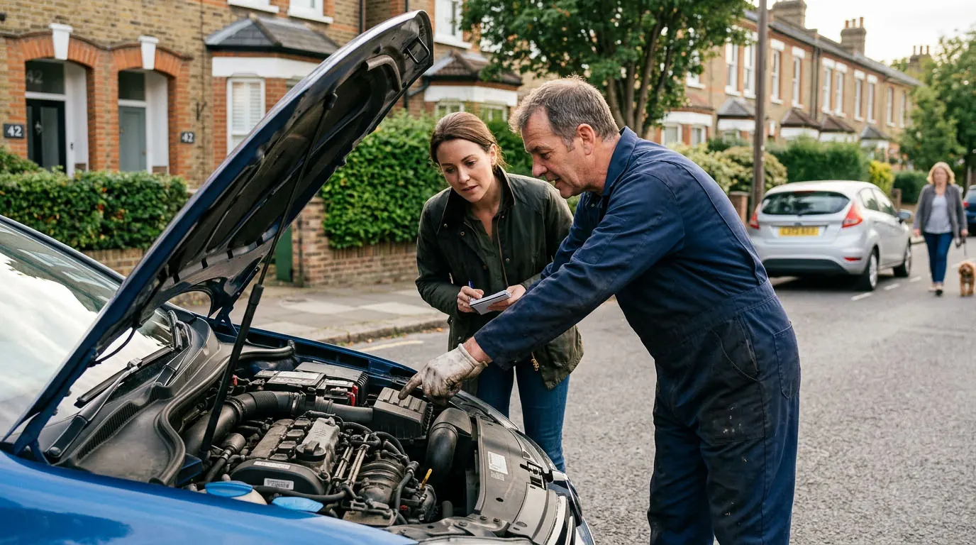 Mechanic inspecting the engine of a used car with the buyer on a residential street