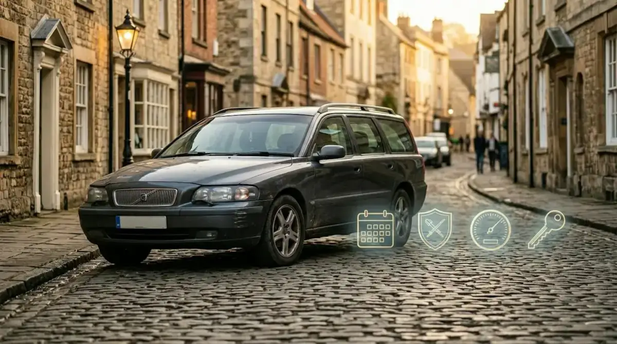 Dark grey used estate car on a cobbled British street at golden hour with floating history icons