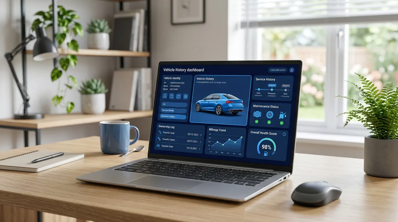 Laptop on a home desk showing a vehicle history report dashboard