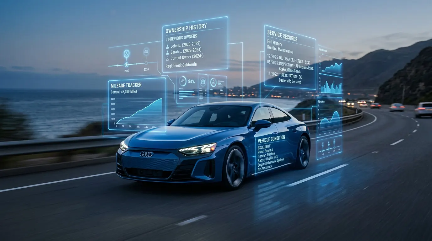 Blue car on a coastal road with digital panels showing its ownership and service history