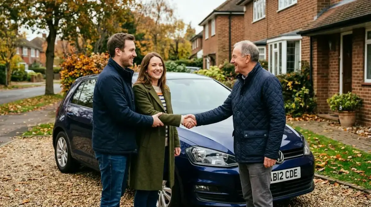 Couple shaking hands with a private seller next to a clean used car on a suburban driveway