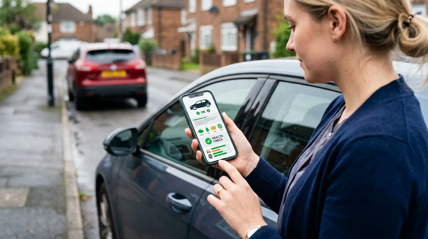 Woman running an HPI check on her phone next to her car on a UK street